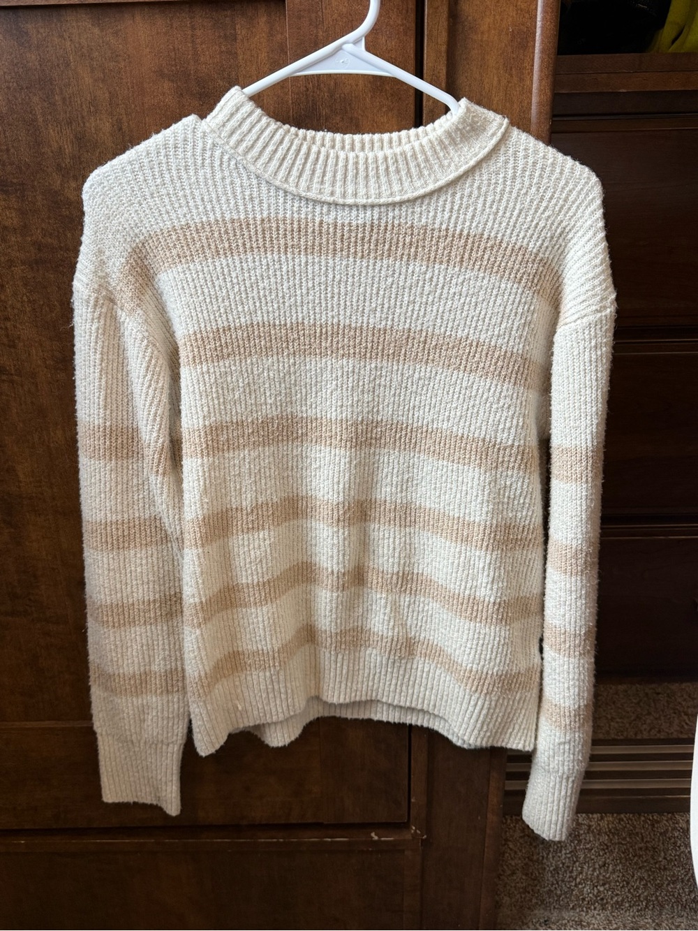 American Eagle Outfitters Cream & Tan Striped Crewneck Sweater